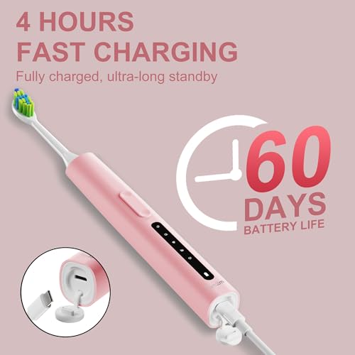 Image of 7AM2M Sonic Electric Toothbrush, High Power Rechargeable Toothbrushes, 5 Modes with 2 Minutes Built in Smart Timer, with 4 Brush Heads for Adults and Kids, One Charge for 60 Days (Pink)