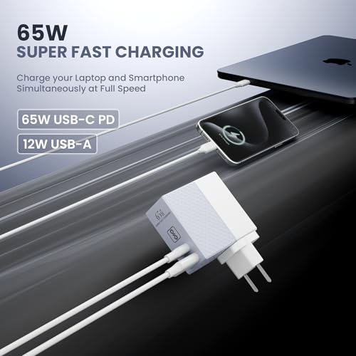 Image of 65W Super Fast Laptop Charger with Dual Port Fast Charging, Compact & Lightweight Adapter for iPhone,iPad, Android, Samsung, Oppo, Vivo, OnePlus, Laptops,MacBook, HP, Dell, Lenovo&ASUS(White)