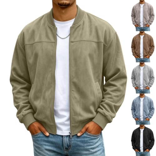Bomber Jacket Men Stand Collar Zip Up Warm Casual Suede Jacket with Pockets - image 1