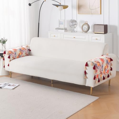 Image of HOKIPO Premium Holland Velvet Sofa Armrest Cover | Printed Design Arm Cover with Tassels | 'Whispers of Nature' (1 Pair) Vintage Rose Bloom (IN-1115-D12*2SC)
