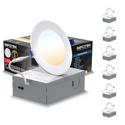 IMPOTEK 4 Inch LED Recessed Ceiling Slim Pot Lights with Junction Box 5 CCT 2700K/3000K/3500K/4000K/5000K Dimmable ICRated ETL Energy Star Listed 9W 800LM - RCL1-9W4IN (Pack of 6) by IMPOTEK - Used condition - CA$34.13