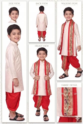 Image of Boys Dhoti Kurta Set Sherwani Style for Kids | Ethnic Traditional Kids Wear with Patiala Dhoti & Dupatta | Wedding Dress for Boys | Indian Cultural Outfit for Puja Festival Party