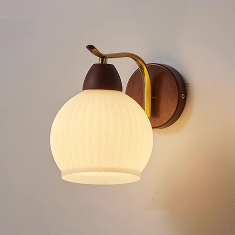 SXECAEPS Retro Wall Sconce Bedroom Bedside Mount Light with Glass Shade, Hardwired Walnut Wood Lamps for Living Room Hallway Solid Lightng Fixture