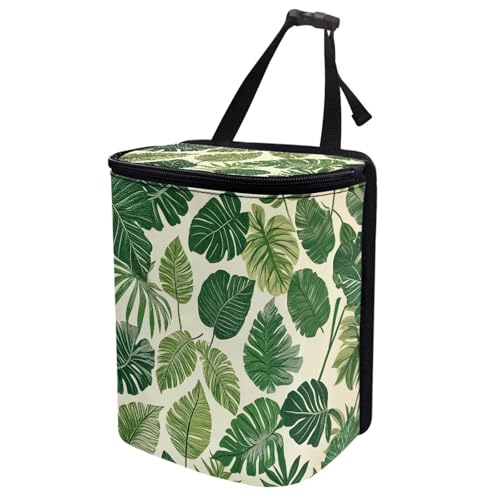 Image of Talayituse Tropical Monstera Palm Leaves Print Car Trash Bin, Large Size Auto Trash Can Adjustable Portable Garbage Can with Lid, Vehicle Hanging Bag for Headrest Front Back Seat