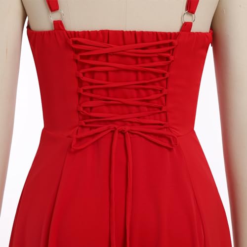 OMEWEE Women's Spring Summer Boho Sundress Square Neck Floral Corset Dress Spaghetti Strap Ruched Flowy Slit Bustier Midi Dresses for Women Going Out A Line Casual Beach Long Dress Red XL - Image 4