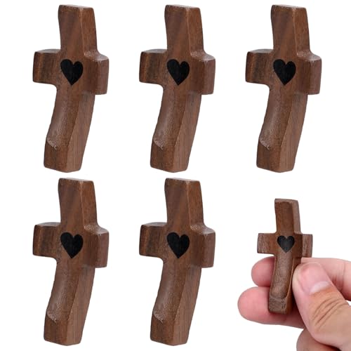 Tinoaly 5pz Croci Fidget in Legno, Piccola Croce Legno per Preghiere Tasca Rilassante da Stringere Regali Religiosi per Adulti Bambini Pasqua & Incoraggiamento Quotidiano