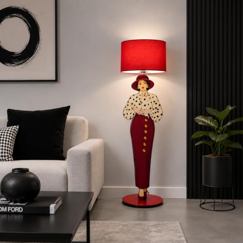 Image of THE GRANDEUR Artistic Female Floor Lamp with Red Fabric Shade, 155 cm | Warm Ambient Lighting, Stable 28 cm Base, Fashion-Inspired Design, Living Room & Bedroom, Statement Decor Piece