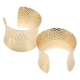 VILLCASE Brazaletes Abiertos Anchos de Metal Dorado para Mujer, Pulseras Tipo Brazalete de Puño Textura Rayada, Pack 2 Piezas, Accesorio Versátil para Uso Diario y Ocasiones Formales