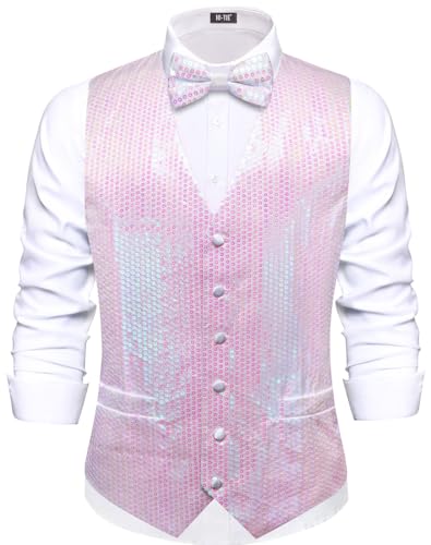 Gilet à paillettes brillantes homme rose clair 3XL avec nœud papillon