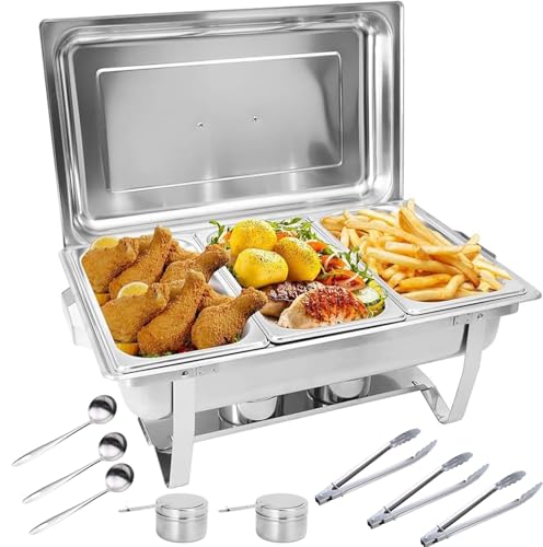 Chafing Dish Buffet Set, 12L Stainless Steel Rectangular and Buffet Warmer Sets for Catering,Foldable Set with 1/3 - Sized Food Pans (3X 4L), lids, and Fuel Holder. Ideal for Events, Parties