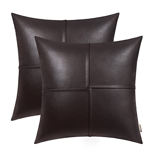 Image of BRAWARM Faux Leather Throw Pillow Covers 18 X 18 Inches, Brown Leather Pillow Covers Pack of 2, Hand Stitched Leather Decorative Throw Pillows for Couch Sofa Bed Living Room Home Garden