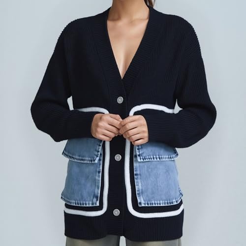 Image of FindThy Women's Casual Button Up Cardigan Oversized Long Sleeve Jean Patchwork Sweater Cardigans