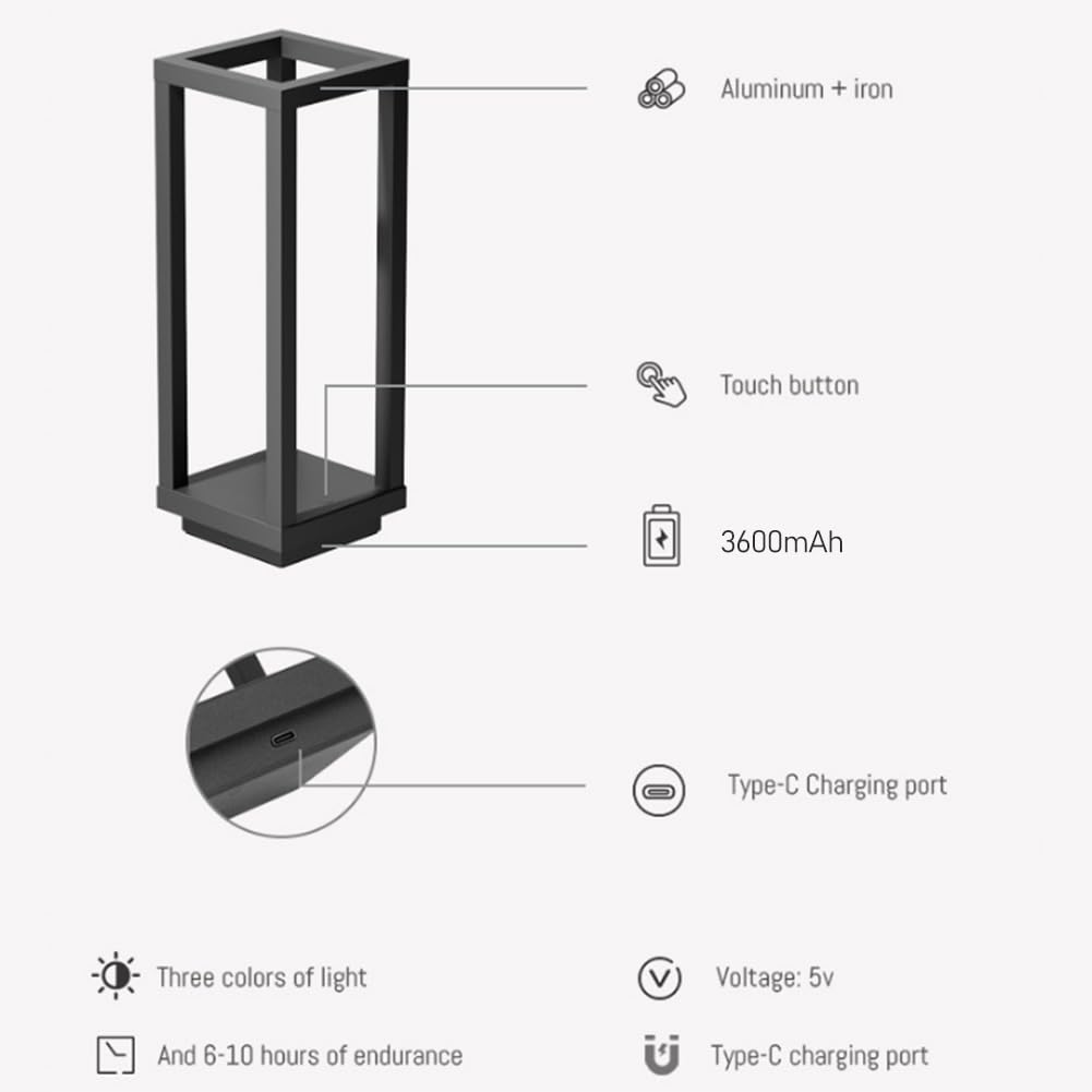 LED Laterne Tischlampe Kabellos Akku, Quadratische Tischlampe Dimmbar mit Touch Control Tragbare Tischleuchte Batteriebetrieben Deko Nachttischlampe USB Aufladung lnnen Lampe Außen,Schwarz