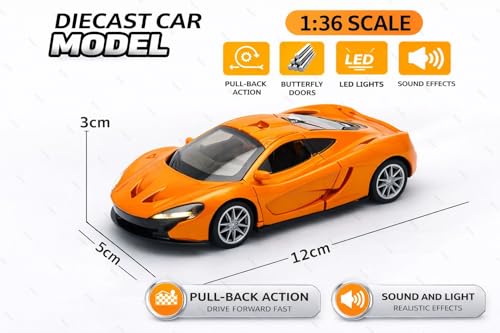 Image of 1:36 Scale McLaren 720S Toy Car - Die-Cast Metal Pull Back Vehicle with Openable Doors, Lights & Music - Sports Model for Kids, Boys & Collectors (Orange)