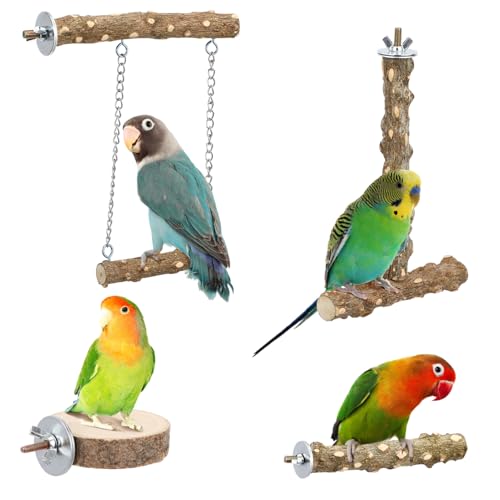 HAPINARY 4 Pcs Natural Wood Bird Perch for Cage Comfortable Cockatiel Perches Multi Bird Use with Swing Shape Stand for Parakeets