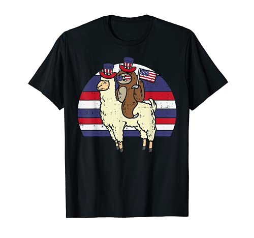 Llama Riding Sloth American Flag USA Cute 4th Of July Fourth Camiseta