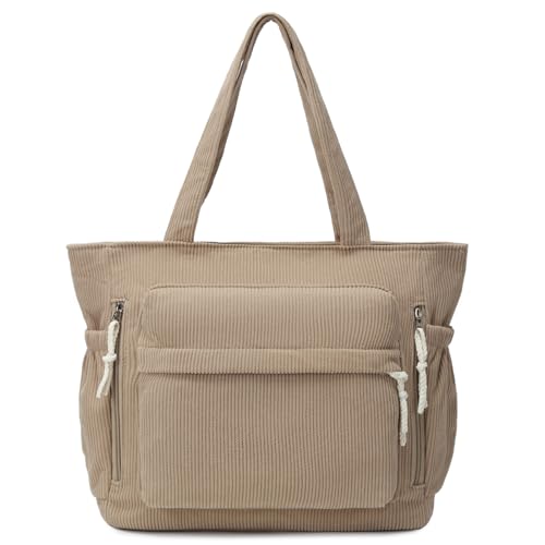 Waniki Handtasche Damen Groß Shopper Tote Bag Cord Tasche Umhängetasche Damen Schultertaschen Beuteltasche Stofftasche für Arbeit Büro Reisen Einkaufen Schule und Alltag (Khaki)