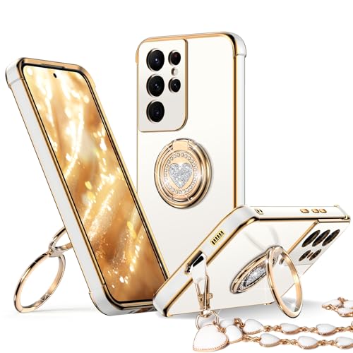 XYZ for Galaxy S21 Ultra Case with Stand, for Samsung Galaxy S21 Ultra Case with Double Ring, Women Girls Bling Luxury Protective Phone Case Heart for Samsung S21 Ultra, White