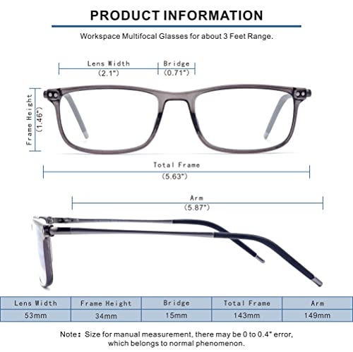 Superior Extremely Light Progressive Multifocus Reading Glasses Men, Skyoak Aluminum Arm Tr90 Frame Blue Light Blocking Multifocal Computer Readers Spring Hinge No Line (For Mid-Near Range Approx 3Ft) +2.50 #TOP4