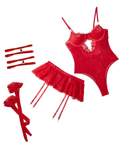 Image of Alrovetoney Women Lingerie Set Naughty Lace Bodysuit High Waisted Underwire Lingerie Babydoll With Garter Belt and Stockings