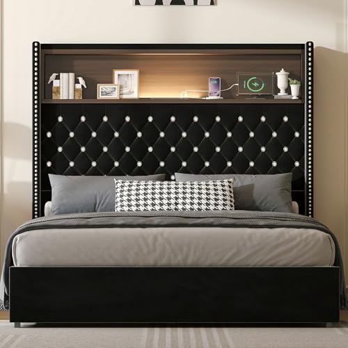 Klwenas Maec Black Full Bed Frame with Tall Headboard 52'',