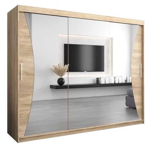 ABIKSMEBLE Armoire Monaco - Porte Coulissante Miroir - Dressing Adulte - Penderie Vêtement - Garde Robe - Placard - 3 Portes - Closet