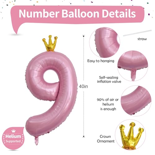 Image of 40 Inch Number 9 Balloons, Pink Crown Giant 9th Birthday Party Number Balloons 0-9 Set, Self Inflating Balloons for Girls Women 35th Birthday Party Decor Anniversary Party Decoration Supplies