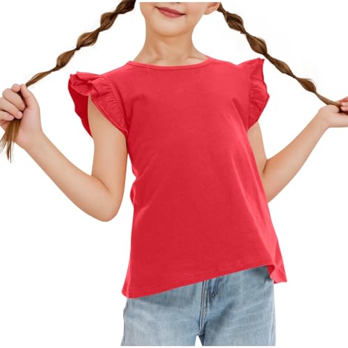 Girls Butterfly Sleeve Blouse Elegant Ruffle Trim Tees Crewneck Tops Short Sleeve Dressy Casual Blouses Plain T-Shirt