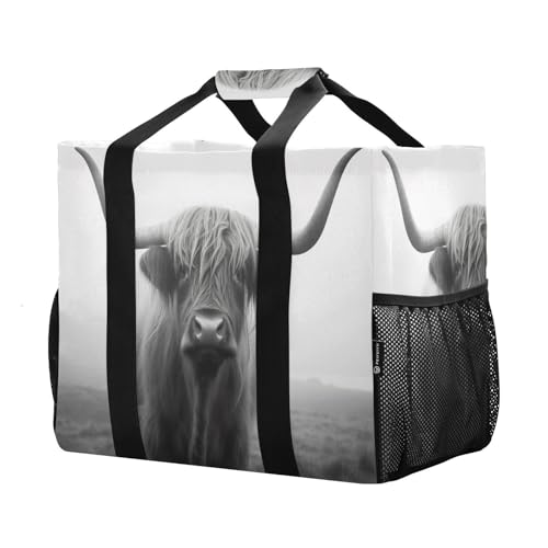 YETTASBIN Highland Cow Large Foldable Travel Tote Bag, Lightweight Waterproof Swim Pool Bag with Handles & Pocket for Beach Outdoor, Reusable Grocery Bag for Kitchen, Shopping