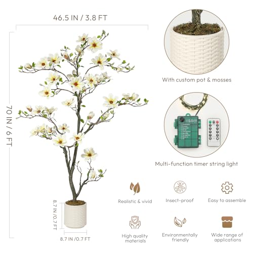 6FT Faux Magnolia Plant Artificial Flower Trees Fake Plants for Yard Patio Home Office Arrangement Decor Artificial Magnolia Tree Inc. 180 Realistic Flowers Vivid Leaves Mosses Lighting White Pot