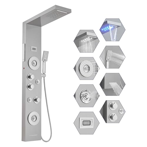 Image of BWE 6 in 1 Shower Panel Tower System with LED Lights & Temp Display