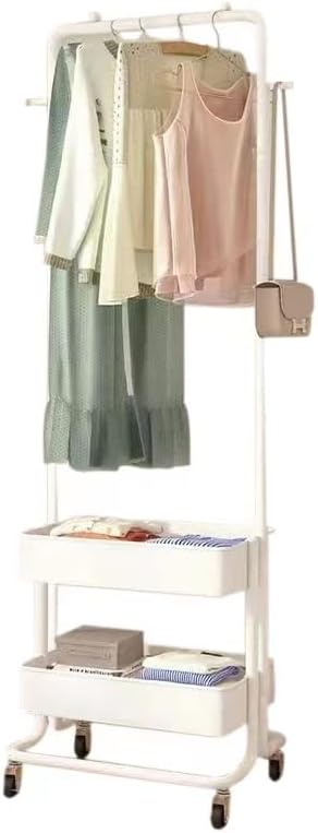CocluxClothing Garment Rack with Shelves，Metal Hanger Clothing Rack with 2 Tier Storage baskets,Multifunctional Bedroom Hanging Rack Clothing Organizer Hat Tree for Indoor Bedroom Clothes Rack (White)