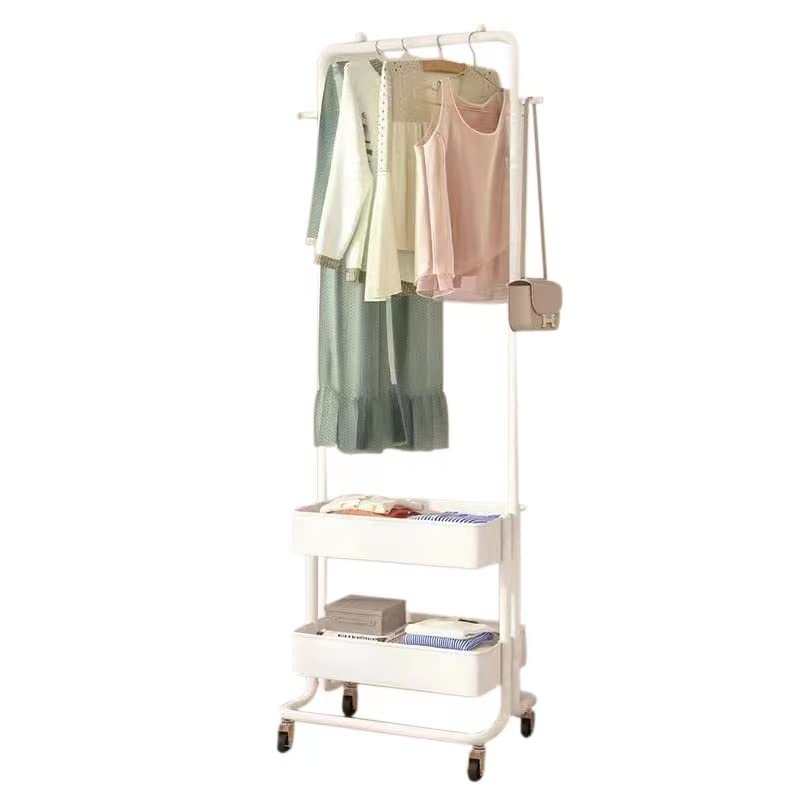 CocluxClothing Garment Rack with Shelves，Metal Hanger Clothing Rack with 2 Tier Storage baskets,Multifunctional Bedroom Hanging Rack Clothing Organizer Hat Tree for Indoor Bedroom Clothes Rack (White)