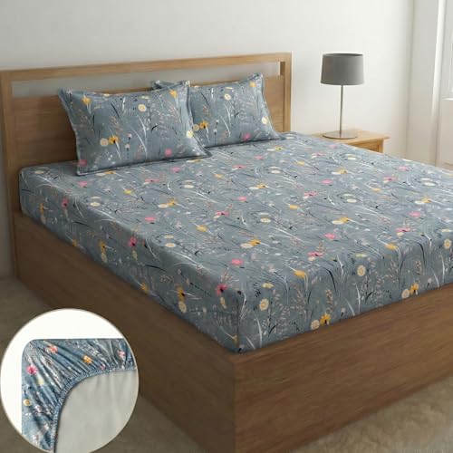Image of Home Sizzler Microfibre Delicate Floral Printed All-Around Elastic Fitted King Size Bedsheet (72 X 78) with 2 Pillow Covers - Grey /Blue
