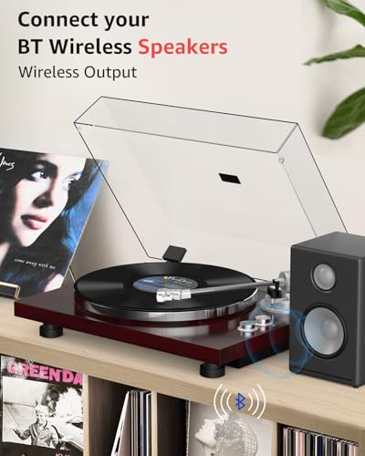 Image of Record Player Turntable Wireless Output Vintage Vinyl Player Aluminium Platter Carbon Fiber Tonearm Belt-Drive 33 45 RPM Phono Audio AT-3600L MM Cartridge RCA Line Anti-Skate Pitch Control Walnut Red