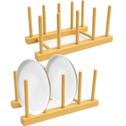 kaiyaya 2 Piezas Soporte para Platos, Organizador Plato de Bambú Scurreplatos de Madera, Estante de Goteo, Soporte de Plato para Platos, Tazas, CD, Copa de Vino, Reservar