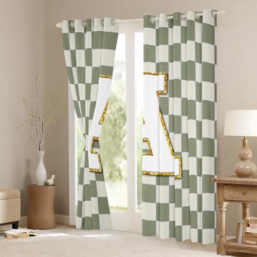 Image of Erosebridal Sage Green Checkered Blackout Curtains for Bedroom Living Room Plaid Initial A Window Curtains 2 Panels 52 inch Wx84 L Personalized Monogram Drapes,Grids Gingham Window Treatments