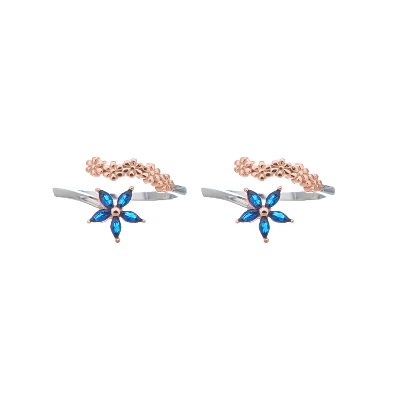 Blue Crystal Flower Toe Rings (Leg Finger Rings) with Rose Gold Accent, Adjustable Size-image-36