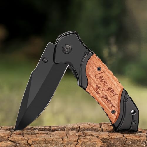Gifts for Men Him Husband Valentines Day, Anniversary Birthday Gifts for Him Boyfriend, Birthday Gift ideas, Engraved Pocket Knife, Wooden Handle Folding Knife with Wood Box, Personalized Mens knife