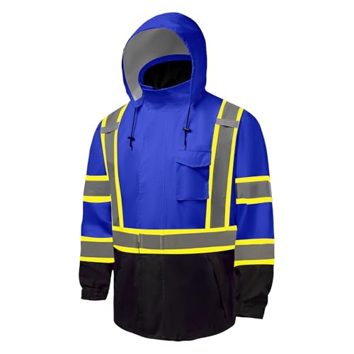 FFTSAFEWARP Hi Vis Rain Jackets for Men Reflective Waterproof High Visibility Class 3 Safety Rain Coat with Black Bottom,Removable Hood