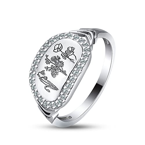Cezentiy 925 Sterling Silver Personalized Birth Month Flower Ring Oval Shell Engraved Wildflower Daisies For Women Girls Gift Size 6 To 9(Silver, 6) #TOP1