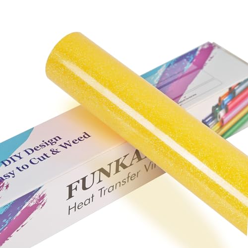 Image of FUNKAKA Glitter Fluorescent Gold HTV Heat Transfer Vinyl Rolls, 12 inch x 10ft PU Iron on Vinyl for T-Shirts, Glitter HTV Vinyl for All Cutter Machines Easy to Cut & Weed for DIY Design