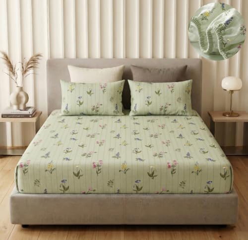 Image of VAS COLLECTIONS King Size Cotton Fitted Bedsheet (78 x 72 + 14 Inches) with Deep Pocket | 220 TC Soft Breathable Wrinkle Free Elastic Bed Sheet for King Mattress | (Olive)