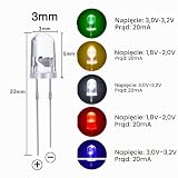 YIXISI 400 Sztuk 3mm zestaw diod LED, 2-pinowe diody elektroluminescencyjne, okrągła lampa LED, diody LED, zestaw rezystorów z różnymi kolorami diod, biały/zielony/czerwony/niebieski/żółty