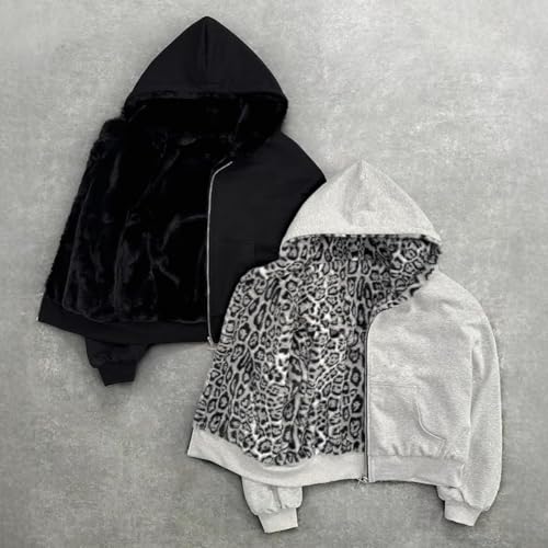 Reversible Zip up Hoodie Vintage Leopard Print Jacket Y2k Streetwear Fall Unisex Baggy Long Sleeve Hoodie with Pocket3