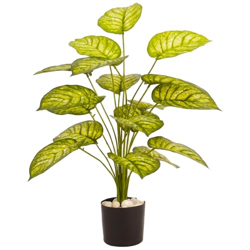 Image of ARICK Decor 2.1Ft Artificial Dieffenbachia Plant with 18 Leaves, 65cm Tall Faux Variegated Tropical Dumb Cane in Black Pot, Realistic Large Silk Leaf Potted Tree for Home, Office & Interior Styling