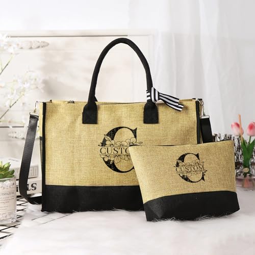 Amsgedhie Personalized Beach Bag Gift for Women Custom Birth Flower Initial Name Beach Bags for Women Beach Travel Tote Bags (Initial Name 2#)