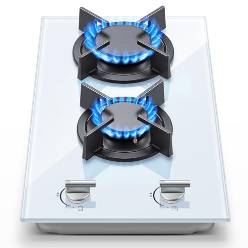 SNDOAS Gaskochfeld 2 Flammig, Weiß Glas Gasherd 30cm mit Automatischer Flammenschutz, Erdgas und Propangasl, Einbau/Freistehend, 2400 W/1800 W, 220-240V