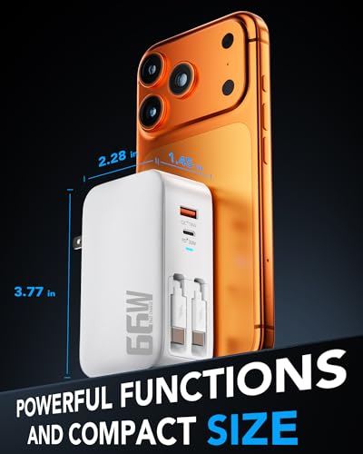 Image of 66W Retractable Wall Charger,4-in-1 Plug with Dual USB-C Cable Fast Charger