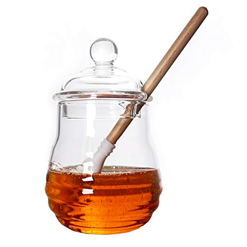 Itikky Honey Jar Pot High Borosilicate Glass and dipper wooden silicone Beehive Style